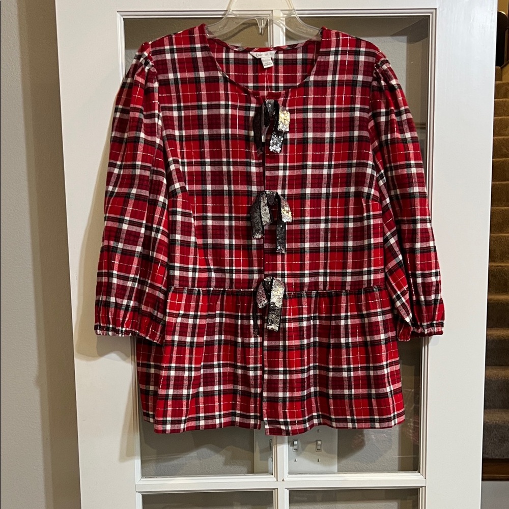 Women’s Red Checkered Blouse with Bow Accents